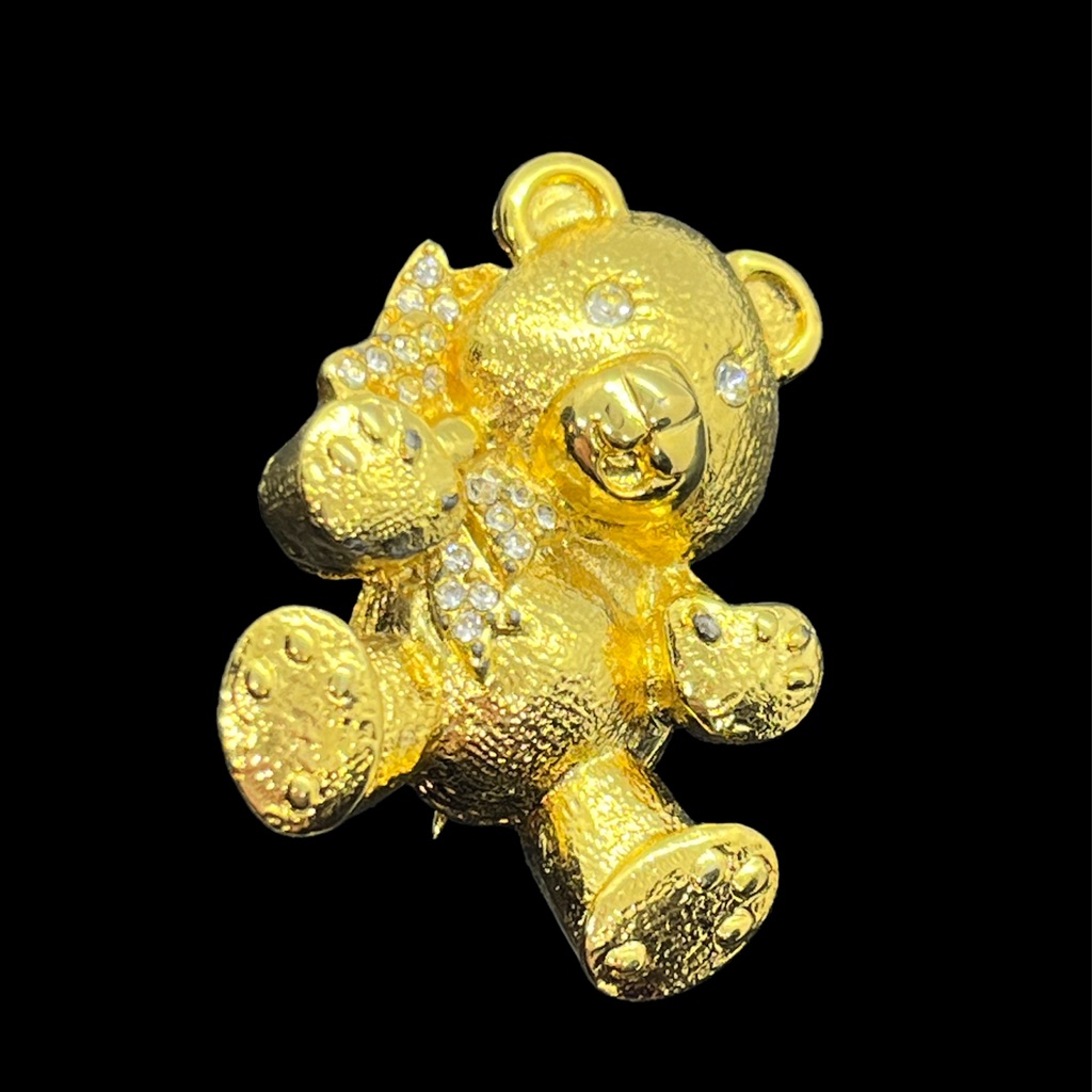 Vintage Napier Gold Tone Teddy Bear Brooch Pin Rhinestone